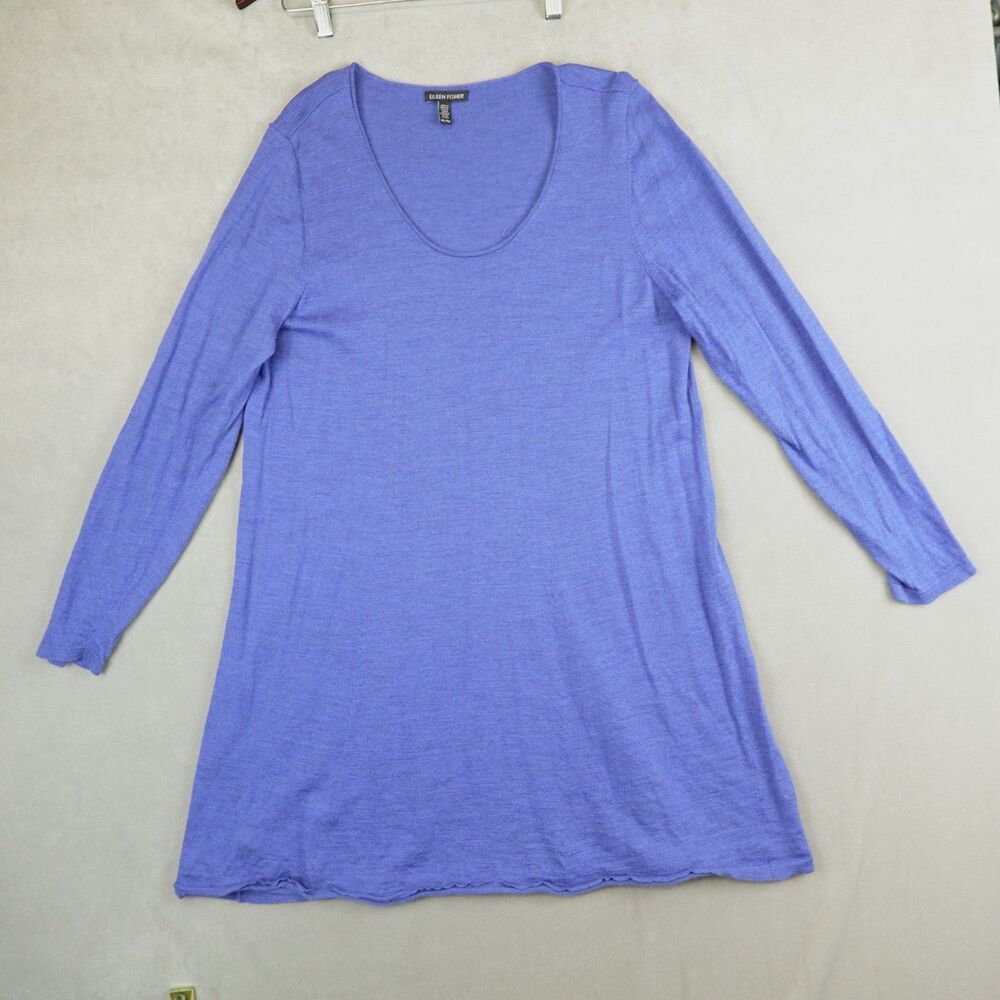 EILEEN FISHER Dress 100% Merino Wool Solid Blue Size XL Long Sleeves Scoop Neck